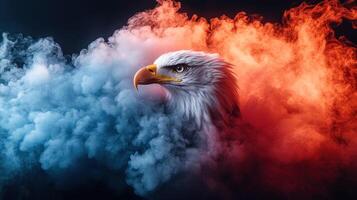 Bald eagle head in red and blue smoke. photo