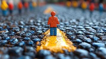A miniature person stands on the road with many other people photo