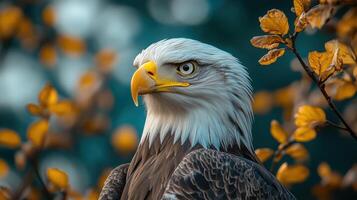 An eagle is sitting in the middle of a tree photo