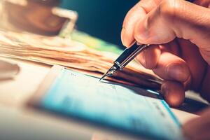 Writing a Check With a Fountain Pen and Stacks of Cash on the Table at a Cozy Workspace photo