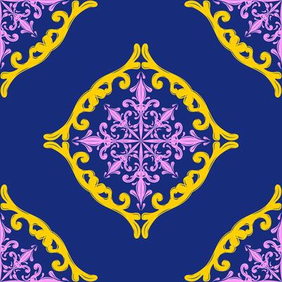 Magnificent Seamless Detailed Ornament Contrast Color Pink Yellow on Deep Blue Background. Elegance Magical Night Pattern Royal Style Design for Interior Decoration Floor Tiles Ceramic Mosaic Textiles