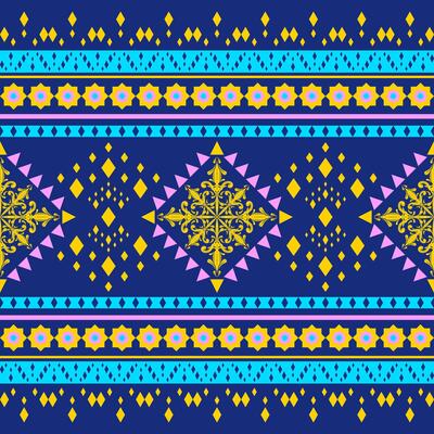 Ethnic Traditional Geometric Tribal and Medieval Design Elegance Oriental Western Pattern on Deep Royal Blue Background. Delicate Shape Scroll Ornament In Yellow Cyan Pink for Handicraft Homespun Silk