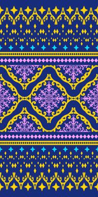 Royal Fancy Luxury Elaborate Arabian Night Colorful with Neon Pink Yellow Cyan on Deep Blue Background. Exquisitely Pattern for Handicraft Costume Apparel Batik Silk Weaves Intricate Textiles Apparel