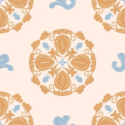 Medieval Concentric Luxury Gold Scroll Ornament with Blue Element decoration. Timeless Elegance Patterns with Nature inspired of Baroque Rococo Seamless Nice Repeat Wallpaper Textile Floor Fashion Rug