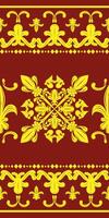 Glamorous Regency Florals with Royal Gold Silk Weaves Embroidery Scroll Ornament on Red Background. Luxury Pattern for all kind of decor wealth and glory fleur de lis inspired as apparel textile batik vector
