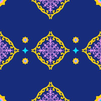 Beautiful Mandala Damask Florals Sign Seamless Repeat Pattern with Colorful Ornament Pink Cyan Yellow on Dark Blue Background. Ethnic Tribal Maya Greek Geometric Baroque Design for Tiles Carpet Fabric