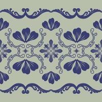 Flower Petal and Beautiful Scroll Ornament Traditional Ancient Motif Victorian Baroque Style with Navy Blue on Grey Background. Fine Curly Swirl Sense of Luxury Pattern for Medieval Decoration Textile vector
