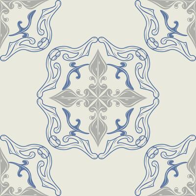 Classical Mythology Scroll Ornament Hand Drawn Seamless. Beautiful Repeat Blue Embroidery Pattern on Grey Background with Abstract Elegance Gothic Florals for Wallpaper Cover Wrap Fabric Textile Cloth