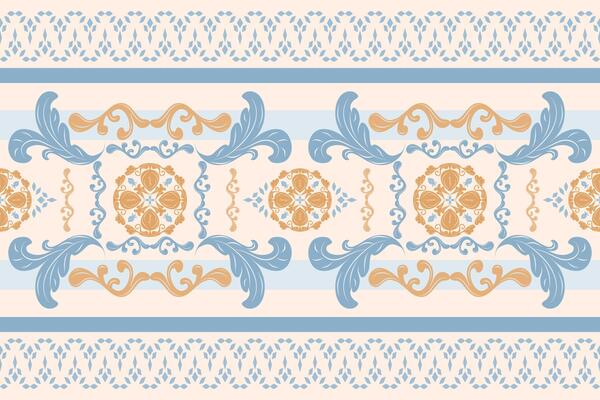 Detailed Duputta Royal Elegance Rococo Damask Decoration with Gold and Blue on Cream Background Traditional Motif Chevron Striped Pattern for Elegance Dress Attire Silk Weaves Embroidery Bandana Batik