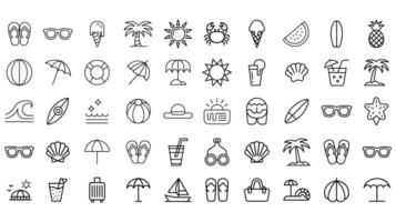 Summer Beach Vacation Line Icons Set, Minimal , Illustrations of Flip Flops, Sun, Ice Cream, Umbrella, Palm Tree, Surfboard, and Tropical Elements for Design Projects vector