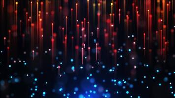 Rising bright gold line particles and beautiful blue dust dots creating bokeh, animation of shimmering dust and glitter dots, orange particle rain, glitter. Seamless video