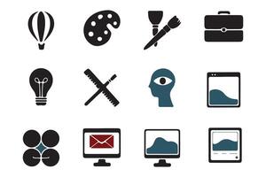 a set of black and white icons that include a computer, camera, and other items vector
