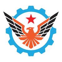 Powerful eagle and gear emblem design isolated on white background vector