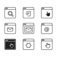 Browser window search document hand cursor email and settings icons vector