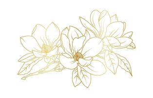 Elegant golden magnolia flowers in line art style for wedding and print vector
