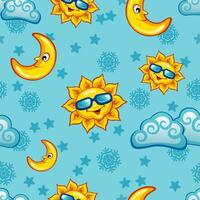 Kids colorful seamless pattern with funny sun, moon and clouds on light blue background vector