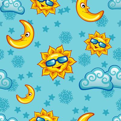 Kids colorful seamless pattern with funny sun, moon and clouds on light blue background