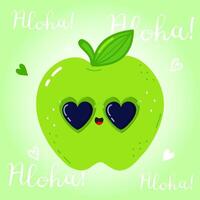 Cheerful green apple character wearing heart sunglasses, surrounded by colorful 'aloha' text, embodying playful summer and tropical design vibes vector
