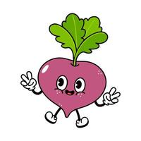 A cheerful cartoon Beet character giving a peace sign with a happy expression on a white background. vector