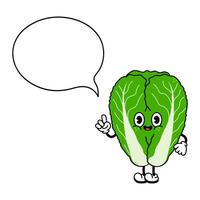 Happy cartoon Napa Cabbage character pointing and speaking with empty speech bubble, ideal for healthy food and vegan concepts vector