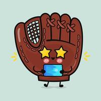 A cheerful cartoon Baseball Mitt with star eyes enjoys using a modern tablet device. vector