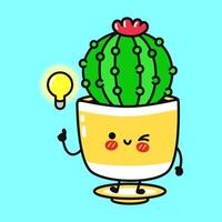 Cartoon cactus houseplant winking, lightbulb glowing overhead, expressing playful creativity with whimsical charm vector
