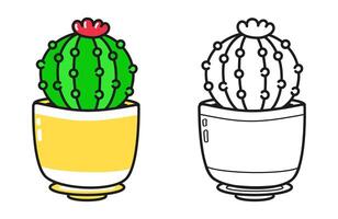 Cartoon round Cactus blooming in pot, featuring black and white coloring page design from front view vector