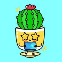 Cartoon Cactus with star eyes, cheerfully browsing tablet, merging digital world with playful botanical charm vector