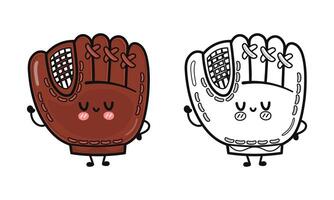 Cartoon baseball glove character smiling, showing fully colored and black and white outline design for creative coloring projects vector