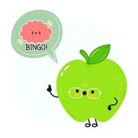 Green Apple character wearing glasses, smiling with lightbulb moment, brain revealing eureka thought in speech bubble vector