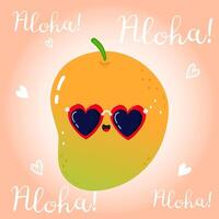 A vibrant cartoon of a smiling Mango, sporting heart sunglasses and the word aloha, perfect for summer vibes. vector