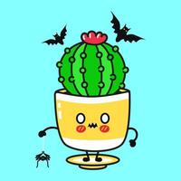 Kawaii Cactus character embracing spider, surrounded by flying bats, creating playful halloween themed graphic design element vector