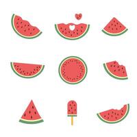 Flat watermelon set. Whole fruits and juicy slices in different shapes. Summer fruit icons on white background. vector