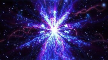 Abstract futuristic background with bright particles flying on dark background and high-tech spiral shapes. Digital scene from cyber world. seamless loop video