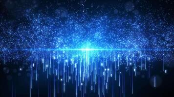Blue light from dust particles creates beautiful bokeh. Elegant abstract background with light particles lines, particle rain. Abstract background particles video