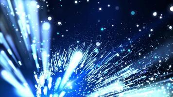 Abstract digital background with glowing neon rays of light and blue shimmering dust particles flying upwards. Motion of flow of glowing bright particle lines video