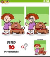 differences puzzle task with cartoon girl and her dog vector