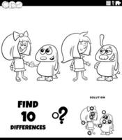 differences puzzle activity with cartoon girl and her puppy coloring page vector