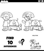 differences puzzle task with cartoon girl and her dog coloring page vector