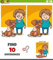 differences puzzle activity with happy cartoon boy and his puppy vector