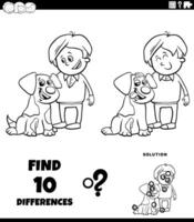 differences puzzle activity with happy cartoon boy and his puppy coloring page vector