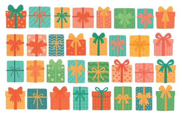 Bright flat style gift boxes with ribbons, bows and patterns. Perfect for celebration design projects.