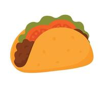 Flat cartoon taco with ground beef, lettuce and tomato in a soft yellow shell. vector