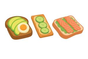 Flat cartoon style set of toasts with avocado, egg, cucumber and salmon, isolated clipart. vector