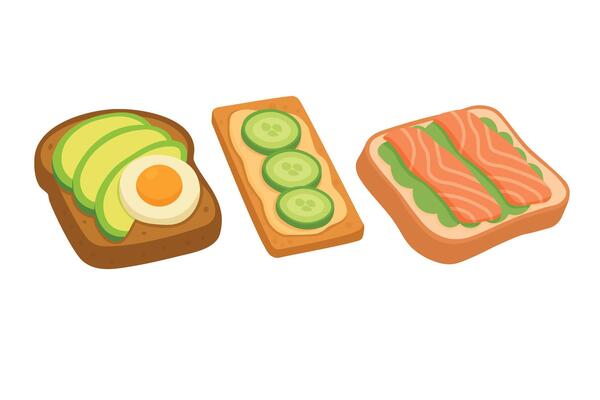Flat cartoon style set of toasts with avocado, egg, cucumber and salmon, isolated clipart.