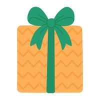 Yellow gift box with zigzag pattern and green ribbon, ideal for fun and festive projects. vector