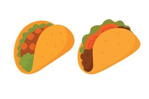 Flat cartoon set of two tacos filled with meat, lettuce, tomato and vegetables in soft shells. vector