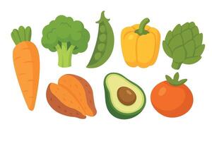 Flat cartoon style set of colorful vegetables including broccoli, carrot, avocado and more. vector