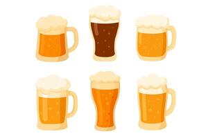 Six cartoon beer glasses in flat style, with foam and different shades of beer inside. vector