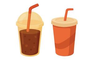 Flat cartoon set of two takeaway drinks in cups with lids and straws. Simple colorful style. vector